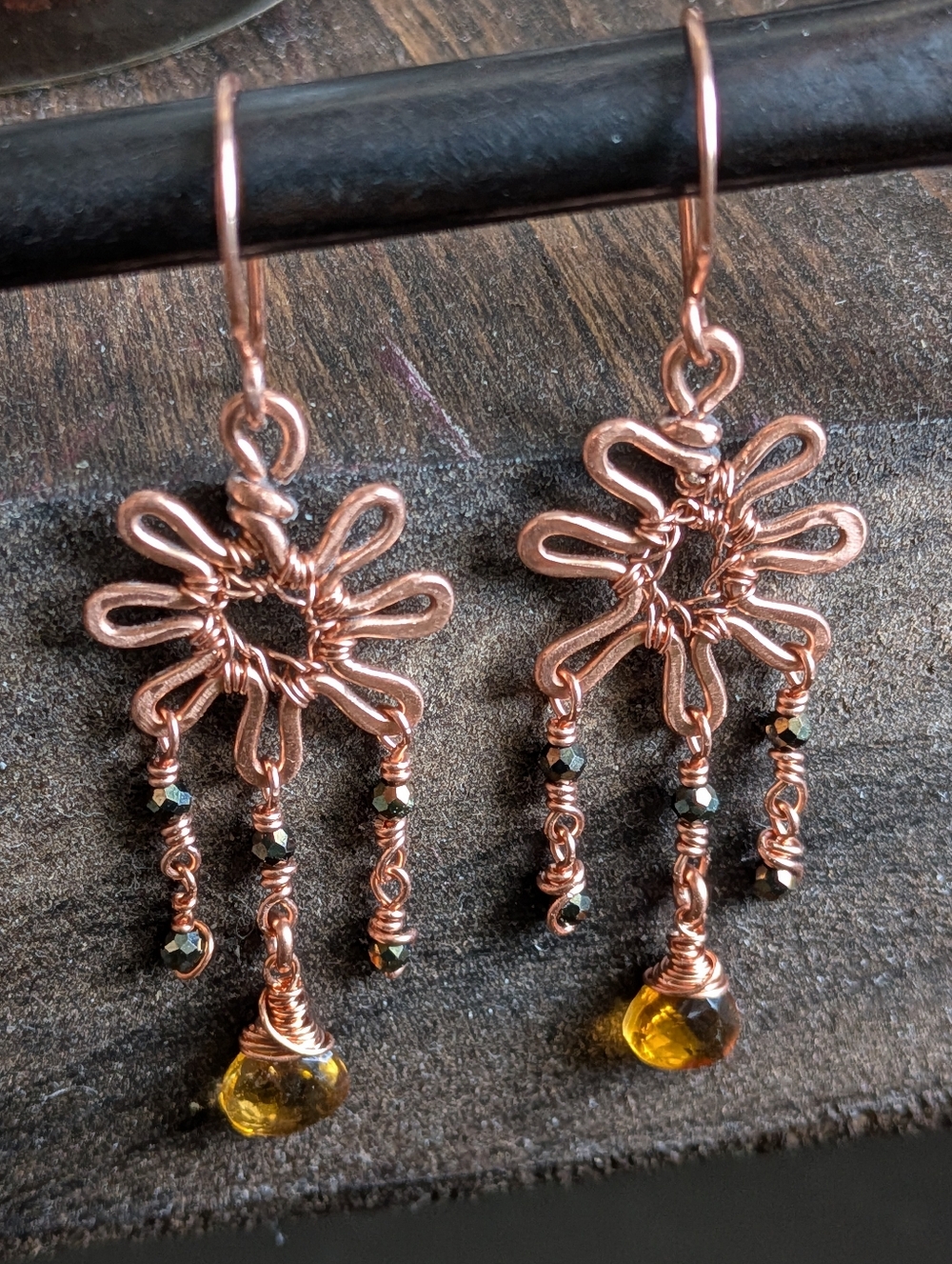 Copper Sunburst Earrings-Cognac Citrine Gems- Artisan Crafted Design-Summer Vibe - Picture 2 of 12